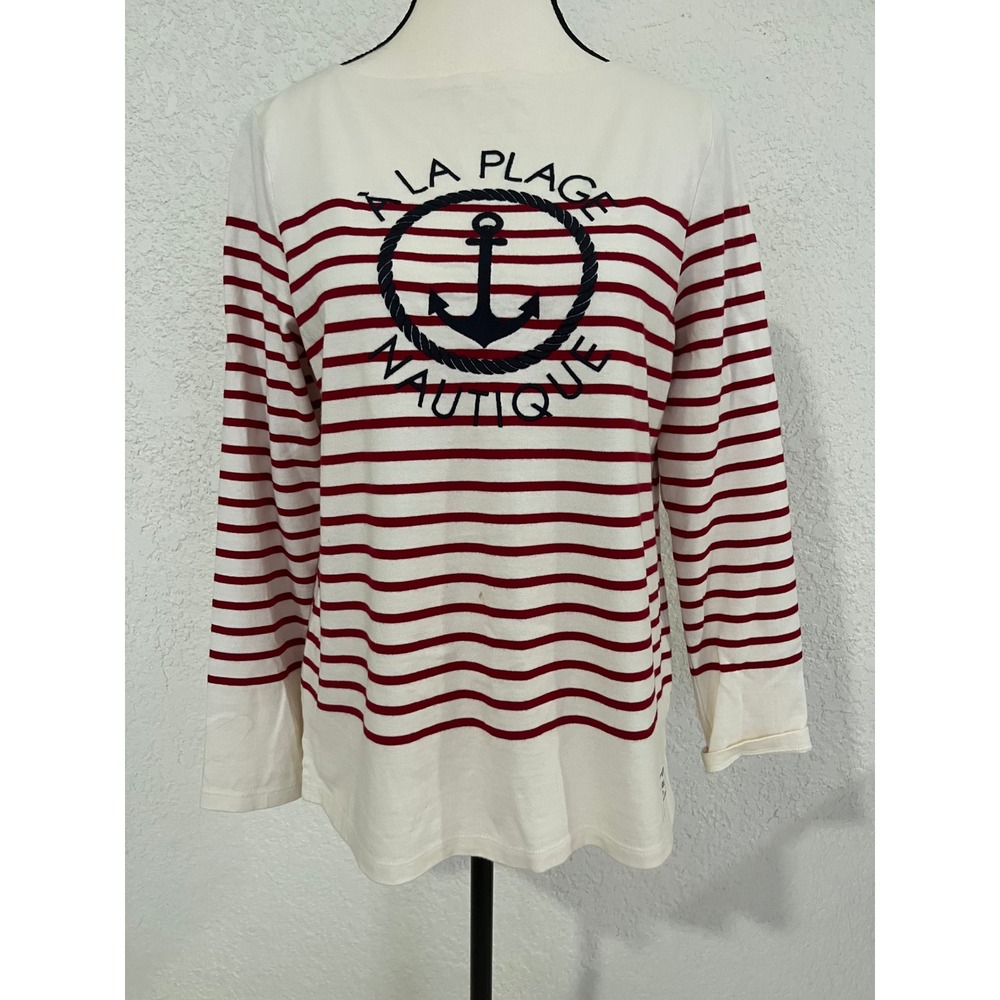 Talbots Nautical Stripe Top Womens‎ MP White Red Good Anchor Graphic Long Sleeve